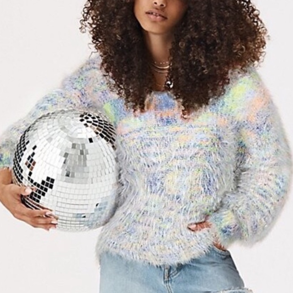 FREE PEOPLE eyelash sweater v-neck fuzzy balloon sleeve knit blue multicolor - Picture 3 of 3